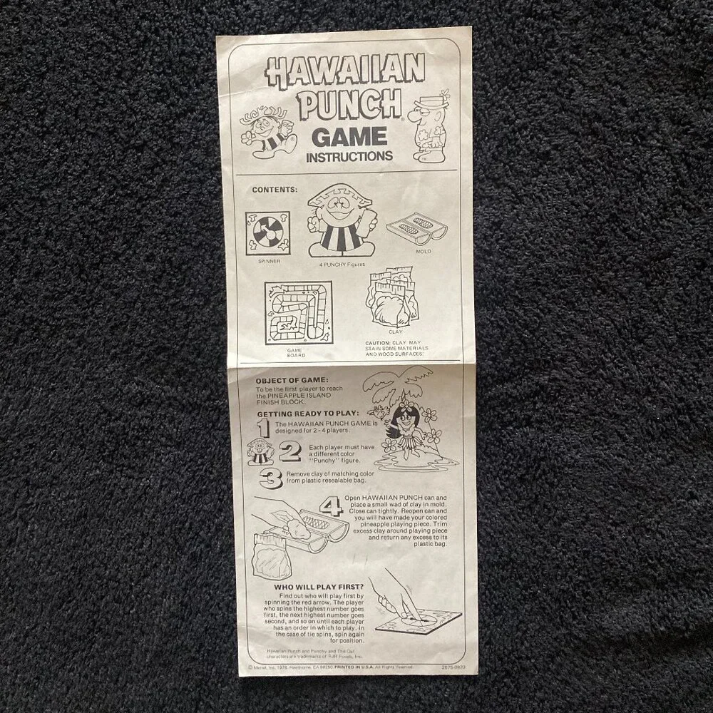 Vintage 1978 Mattel Inc. Hawaiian Punch Board Game Spinner and Instructions